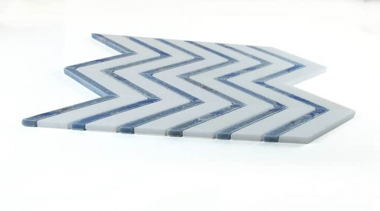 Chevron Royal Sapphire 12x12 blue and white marble mosaic tile with a unique zigzag design.