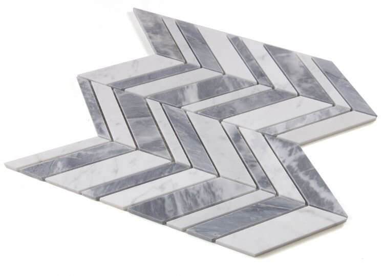 Chevron Shadow Lava mosaic tiles made of Carrara and Italian Grey Marble in a polished finish.