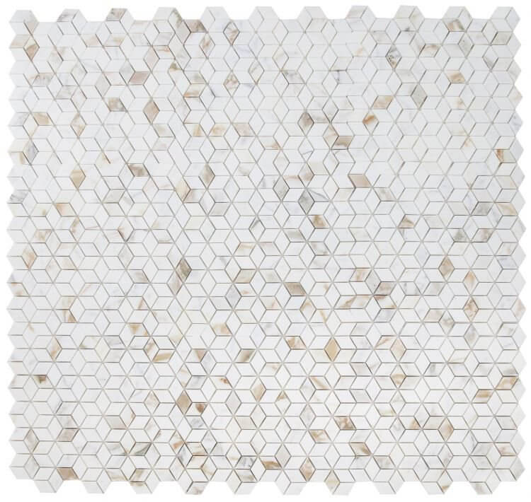 Cubic Calacatta Gold mosaic tile, 11.75 x 12 inches, polished finish with diamond-shaped white and gold marble.