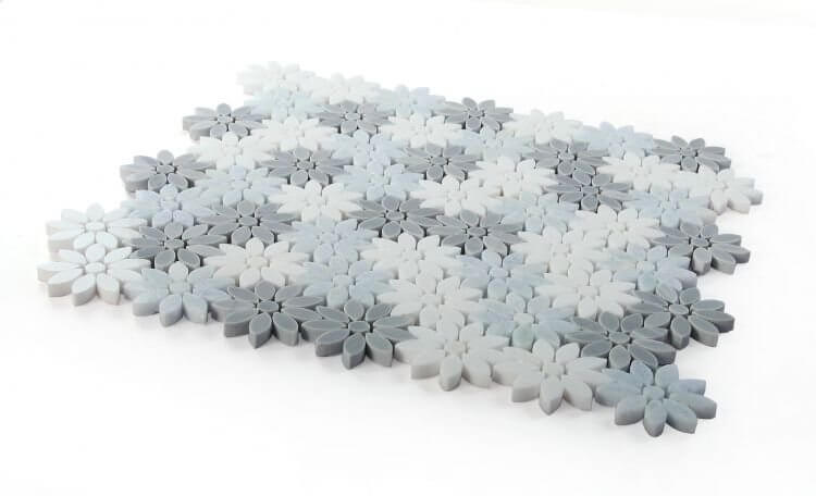 Daisy Crystal Ocean mosaic tile in blue, grey, and white flower design, dimensions 12.5 x 13, polished finish.
