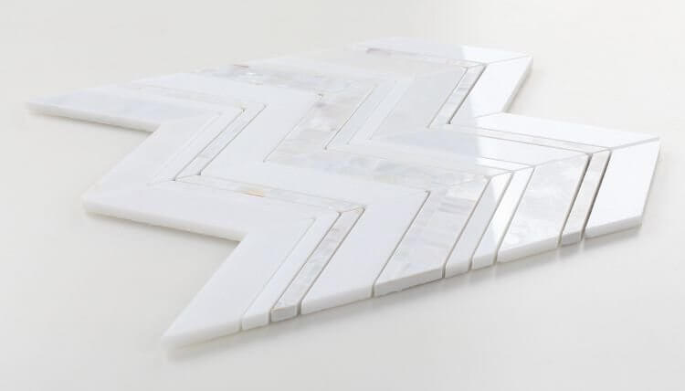 Diana Ravenna chevron mosaic tile, 11.75 x 12.25, made of marble and pearl, white color, 3/8 in thickness.
