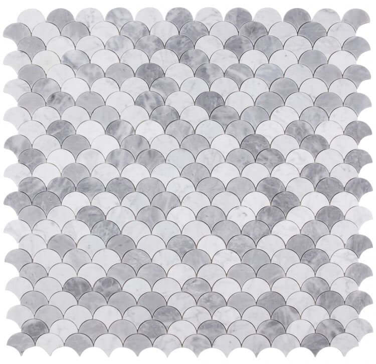 Dragon Scale Dusk 12x12 marble mosaic tile featuring a grey and white dragon scale pattern in polished finish.