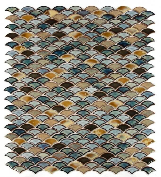 Dragon Scale Olive 10x12 porcelain mosaic in blue, yellow, beige, perfect for pool use, handmade 1/4 inch thick.