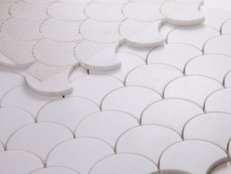 Dragon Scale Thassos marble mosaic tiles, polished white finish, perfect for elegant home decor.
