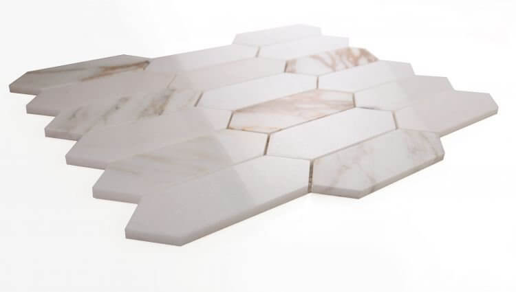 Elongated Hex Calacatta marble tiles in polished white and gold finish, 11.75x15 long hexagon design.