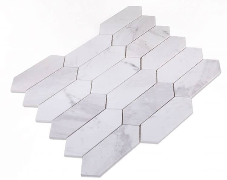 Elongated Hex White marble tiles, 11.75x15 size, polished finish, ideal for mosaic applications.
