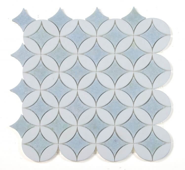 Embrace Crystal Ocean mosaic tile in blue and white, 11.75 x 11.75 inches, made of marble, ideal for stunning flooring.