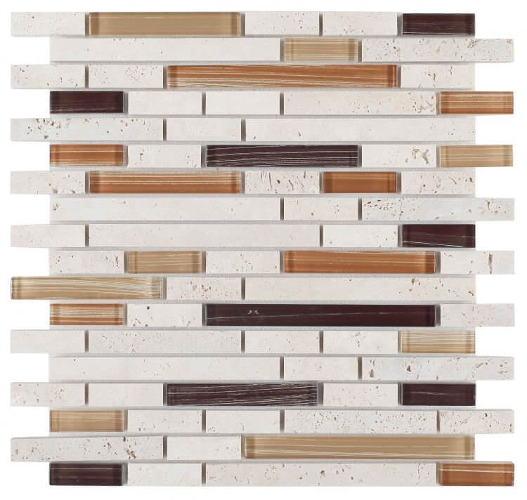 Helios Stack mosaic tile, 11.75 x 12 in, featuring beige and brown travertine with hand-printed art glass accents.