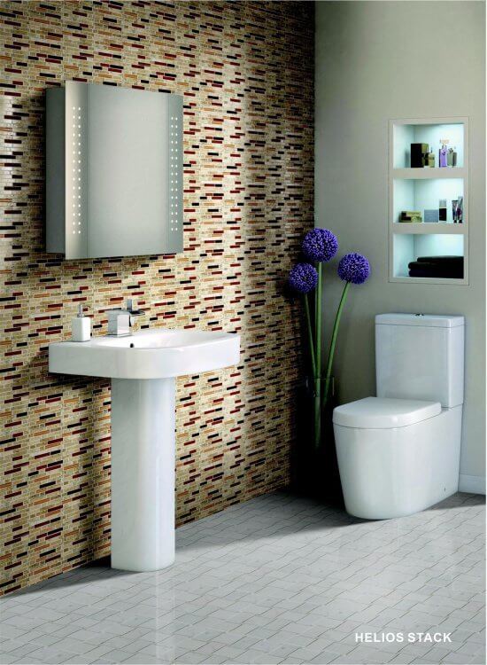 Helios Stack travertine and art glass mosaics in beige and brown for modern bathroom design.