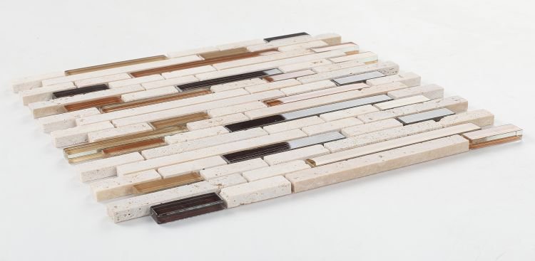 Helios Stack mosaic featuring beige and brown travertine mixed with hand-printed art glass in an offset layout.