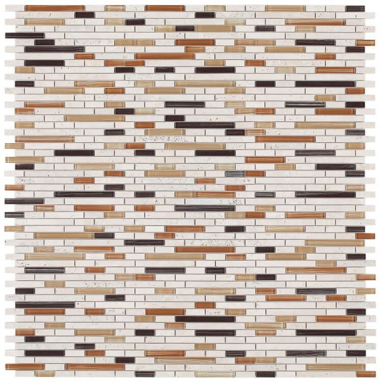 Helios Stack mosaic tile in beige and brown, 11.75 x 12, featuring hand-printed art glass in offset layout.