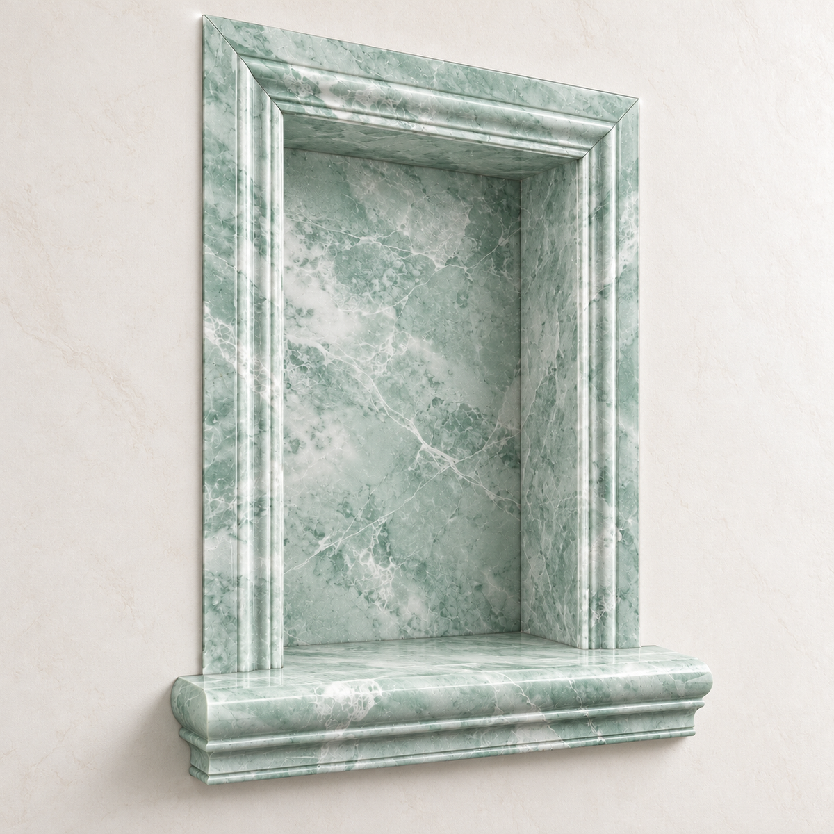 Ming Green Classico Marble Shower Shampoo Niche – Large – angled bathroom view; AI-generated visualization