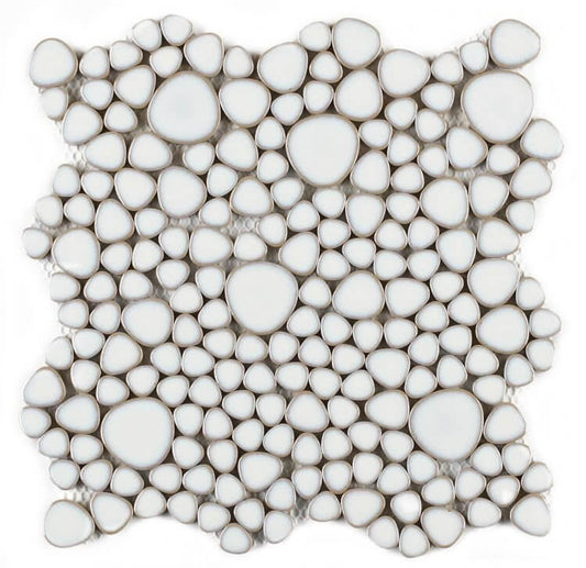 Fancy White 11.5x11.5 pebble mosaic tile, elegant natural design for pools and interiors.