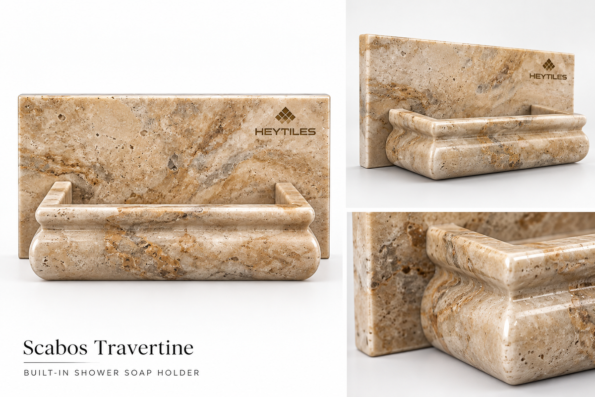 AI-generated Scabos travertine soap holder concept with HeyTiles brass logo