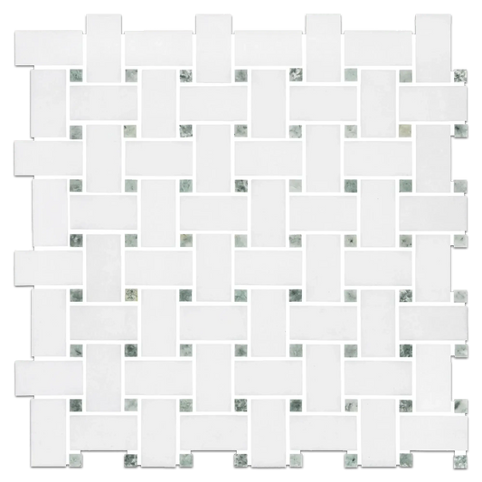 Thassos White + Ming Green Dots Marble Basketweave Mosaic Tile - Hey Tiles