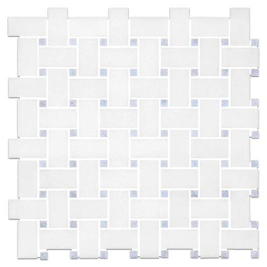 Thassos White with Blue Dots BasketWeave 12x12 Polished Marble Mosaic Tile - Hey Tiles