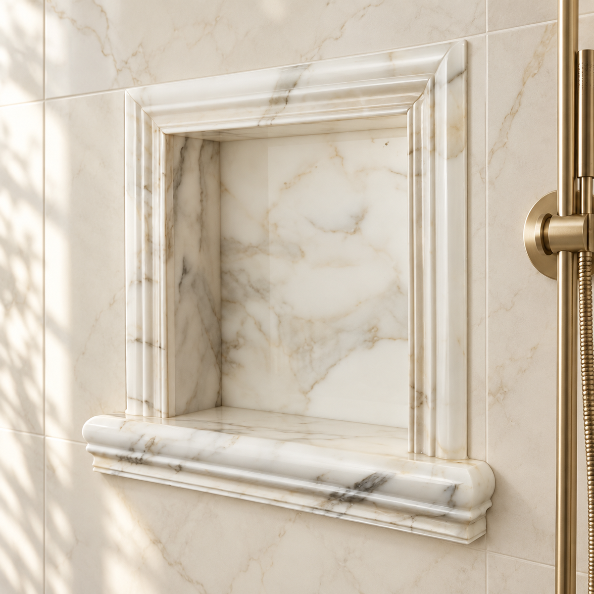 Tuscan Calacatta Gold Marble Shower Shampoo Niche – Small – AI-generated bathroom visualization; veining varies