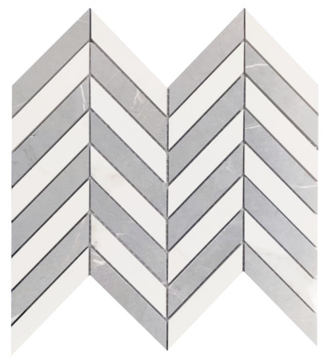 Prestigio Statuario-Impero Mix Lucido Chevron 10 x 12 Italian Porcelain Mosaic