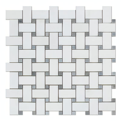 Thassos White Marble Honed Basketweave Mosaic Tile W/ Blue-gray Dots - heytiles