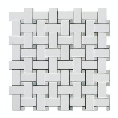 Thassos White Marble Honed Basketweave Mosaic Tile W/ Ming-green Dots - heytiles