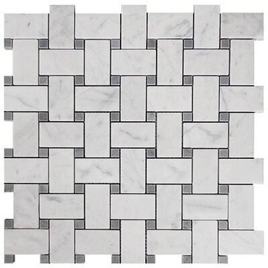 Carrara White Marble Honed Basketweave Mosaic Tile W/ Blue - gray Dots - Hey Tiles