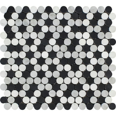 Thassos White Marble Polished Penny Round Mosaic Tile W/ Black Dots - heytiles