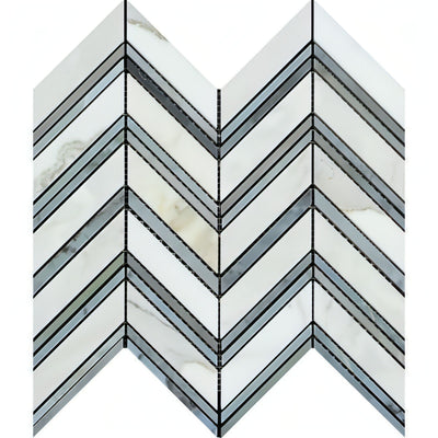 Calacatta Gold Marble Honed Large Chevron Mosaic Tile W / Blue - Gray Dots Marble Strips - heytiles