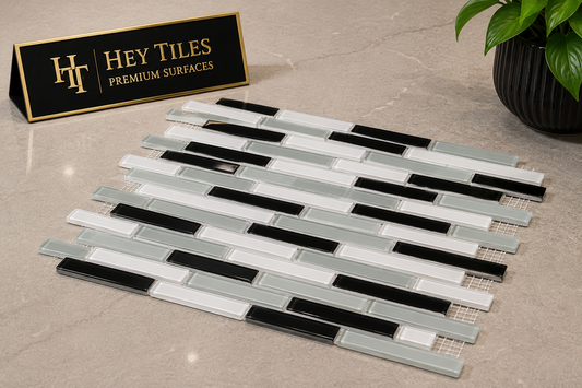 Fujiwa Lombo Series: 1/2" x 3-1/4" White-Gray-Black Glossy Porcelain Pencil Mosaic Tile