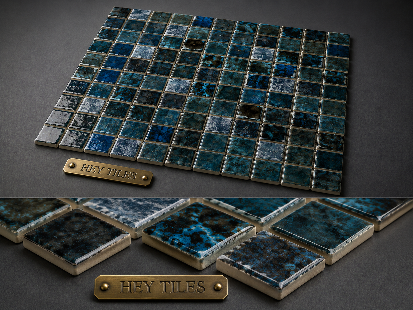 Fujiwa Saga Series: 1-1/8" x 1-1/8" Blue Blend Semi-Gloss Porcelain Square Mosaic Tile