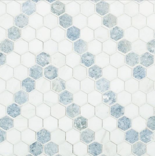 1” Azula Sazi Polished Hexagon Mosaic, Thassos White + Blue Azul - Hey Tiles