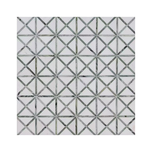 12x12 Verdant Green Geometrica Pattern Polished, Thassos White, Ming Green - Hey Tiles