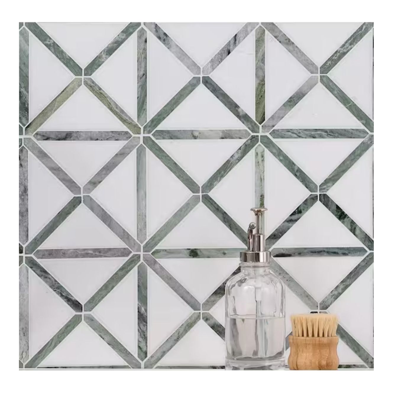 12x12 Verdant Green Geometrica Pattern Polished, Thassos White, Ming Green - Hey Tiles