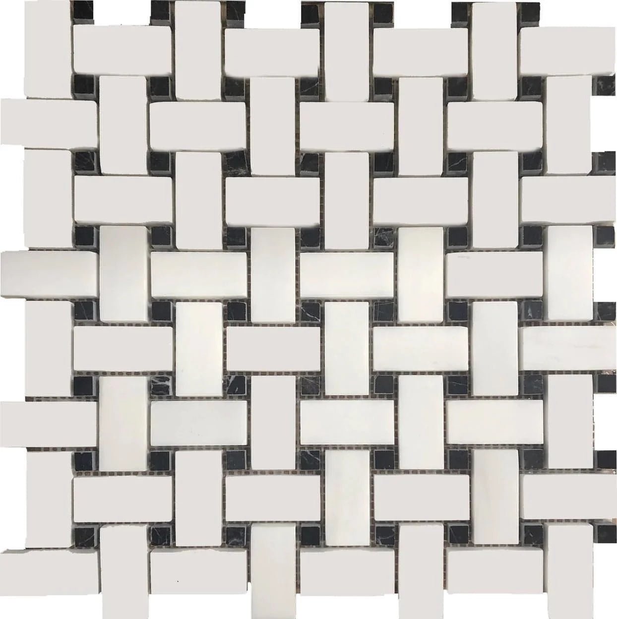 1x2 Bianco Dolomite Basketweave with Nero Dots 12x12 - Hey Tiles