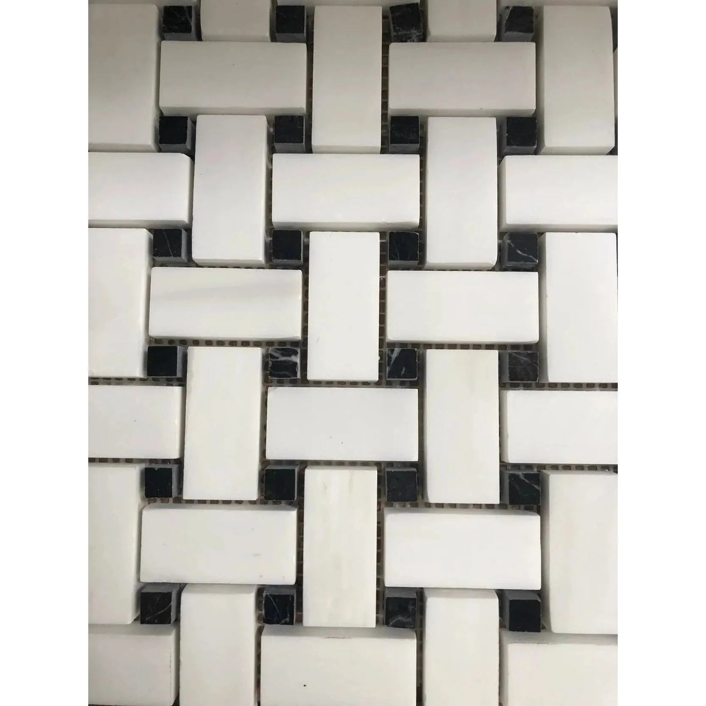 1x2 Bianco Dolomite Basketweave with Nero Dots 12x12 - Hey Tiles