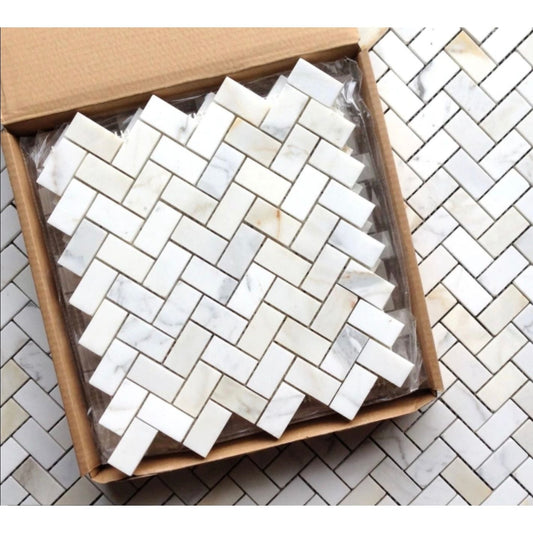 1x2 Calacatta Gold Marble Herringbone Mosaic Polished / Honed - Hey Tiles