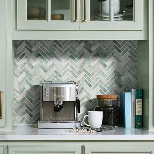 1x2 Ming Green Herringbone 11 x 12.5 - Hey Tiles