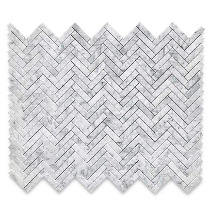 1x4 Carrara White Marble Herringbone Mosaic Tile - Hey Tiles