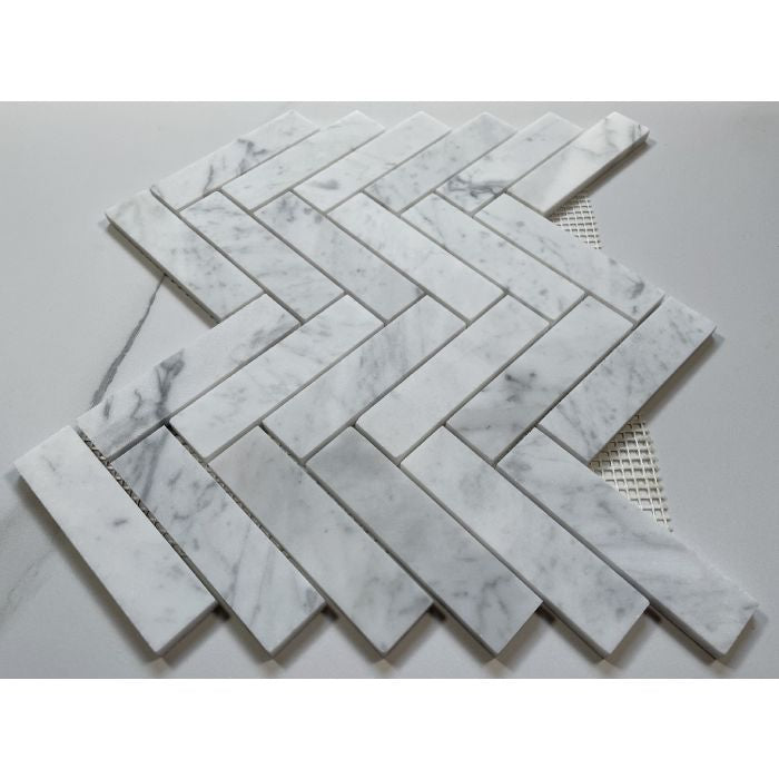 1x4 Carrara White Marble Herringbone Mosaic Tile - Hey Tiles