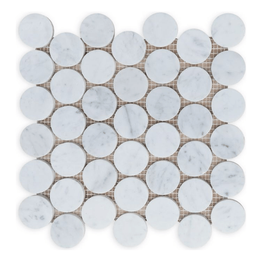 2” Carrara White Honed Penny Round Mosaic Tile - Hey Tiles