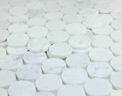 2” Carrara White Honed Penny Round Mosaic Tile - Hey Tiles