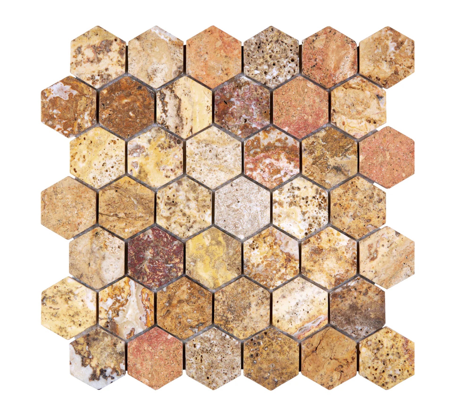 2” Scabos Travertine Hexagon Mosaic Honed - Hey Tiles