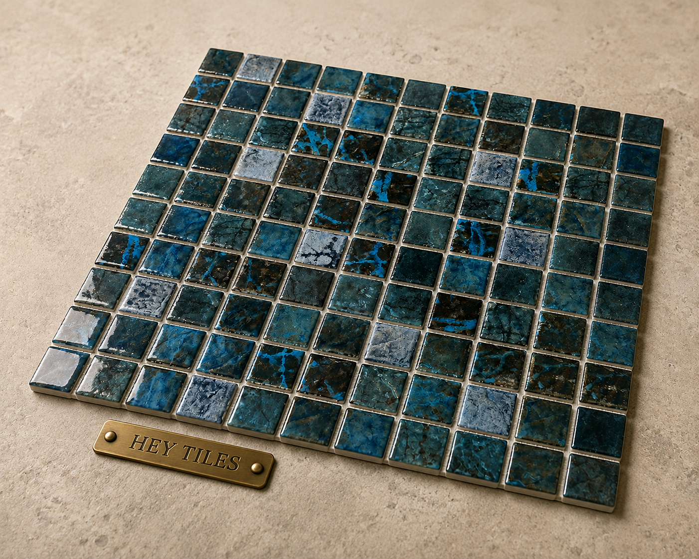 Fujiwa Saga Series: 1-1/8" x 1-1/8" Blue Blend Semi-Gloss Porcelain Square Mosaic Tile