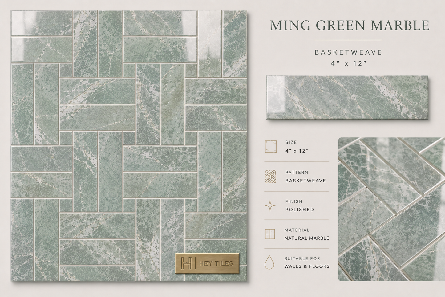 4x12 Ming Green Classico Marble Tile, 3/8