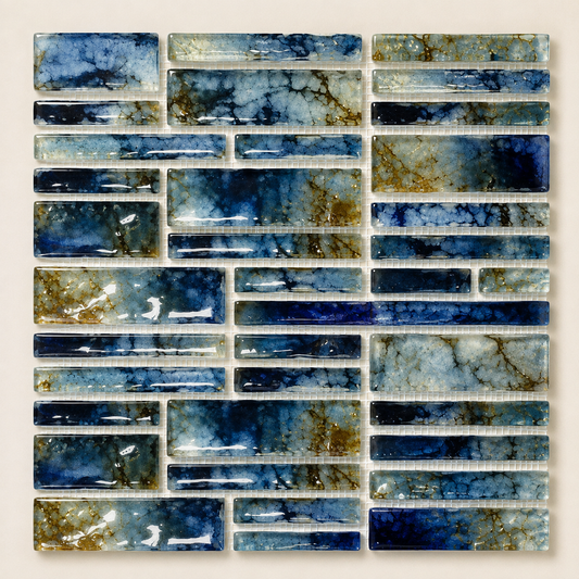 Fujiwa Pilos Series: Autumn Blue Glazed Porcelain Random Block Mosaic Tile