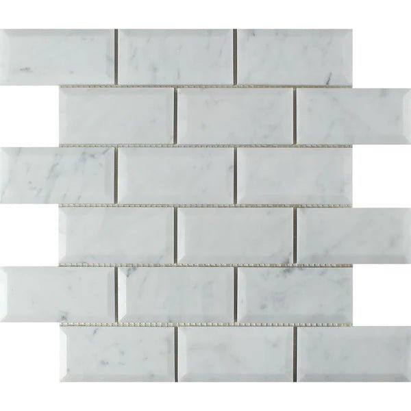 2x4 Carrara White Marble Deep Beveled Brick Mosaic Tile - Hey Tiles