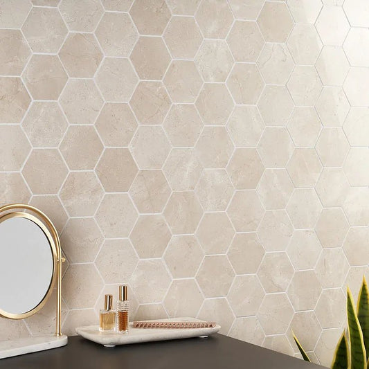 3” Crema Marfil Hexagon Spanish Marble - Hey Tiles