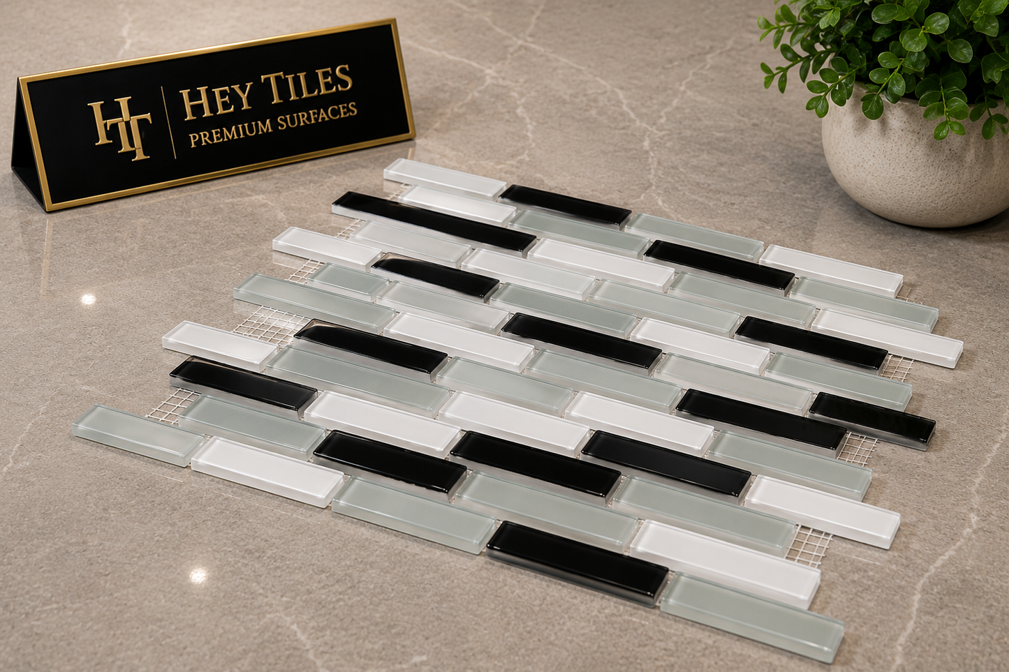 Fujiwa Lombo Series: 1/2" x 3-1/4" White-Gray-Black Glossy Porcelain Pencil Mosaic Tile