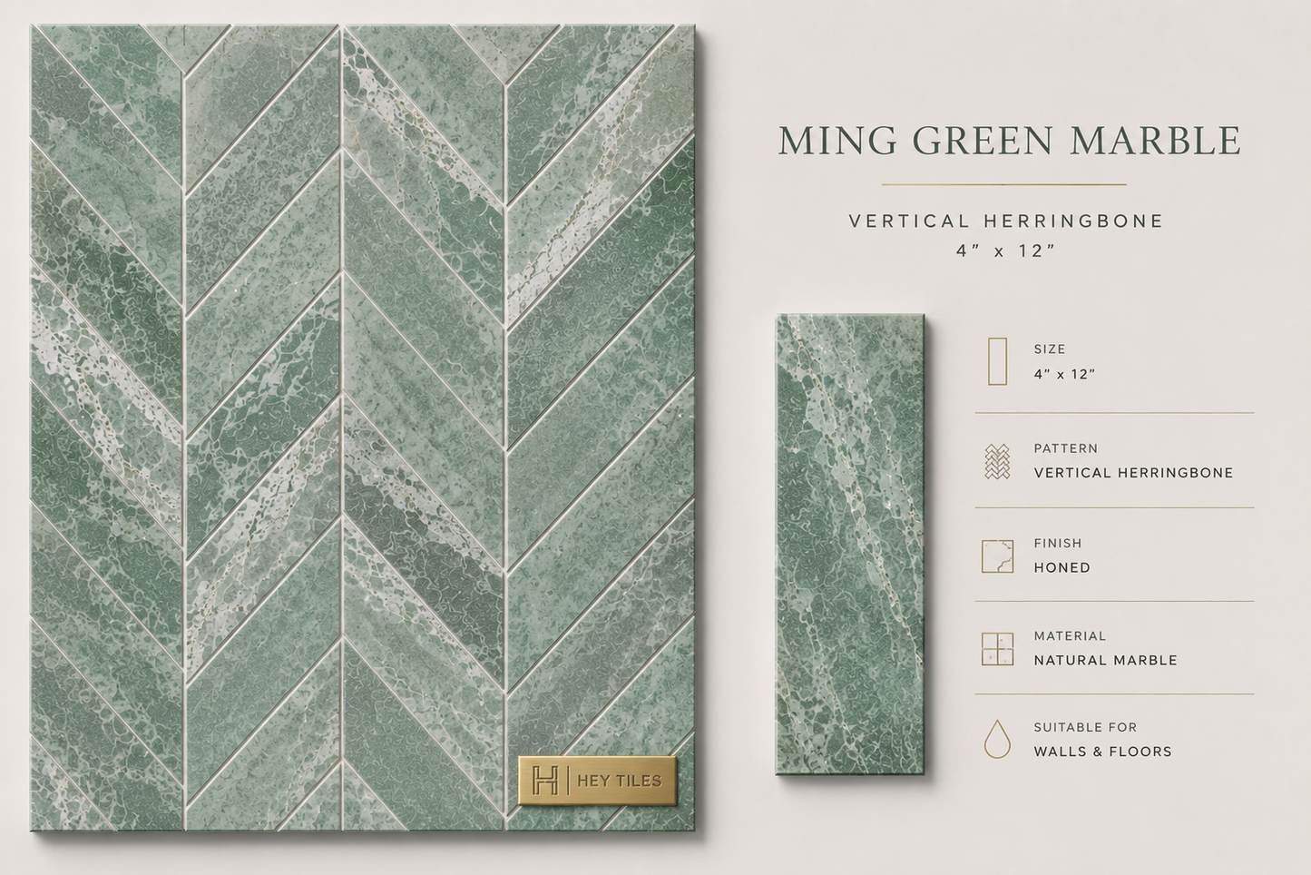 4x12 Ming Green Classico Marble Tile, 3/8