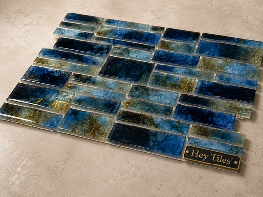 Fujiwa Pilos Series: Summer Blue Glazed Porcelain Random Block Mosaic Tile