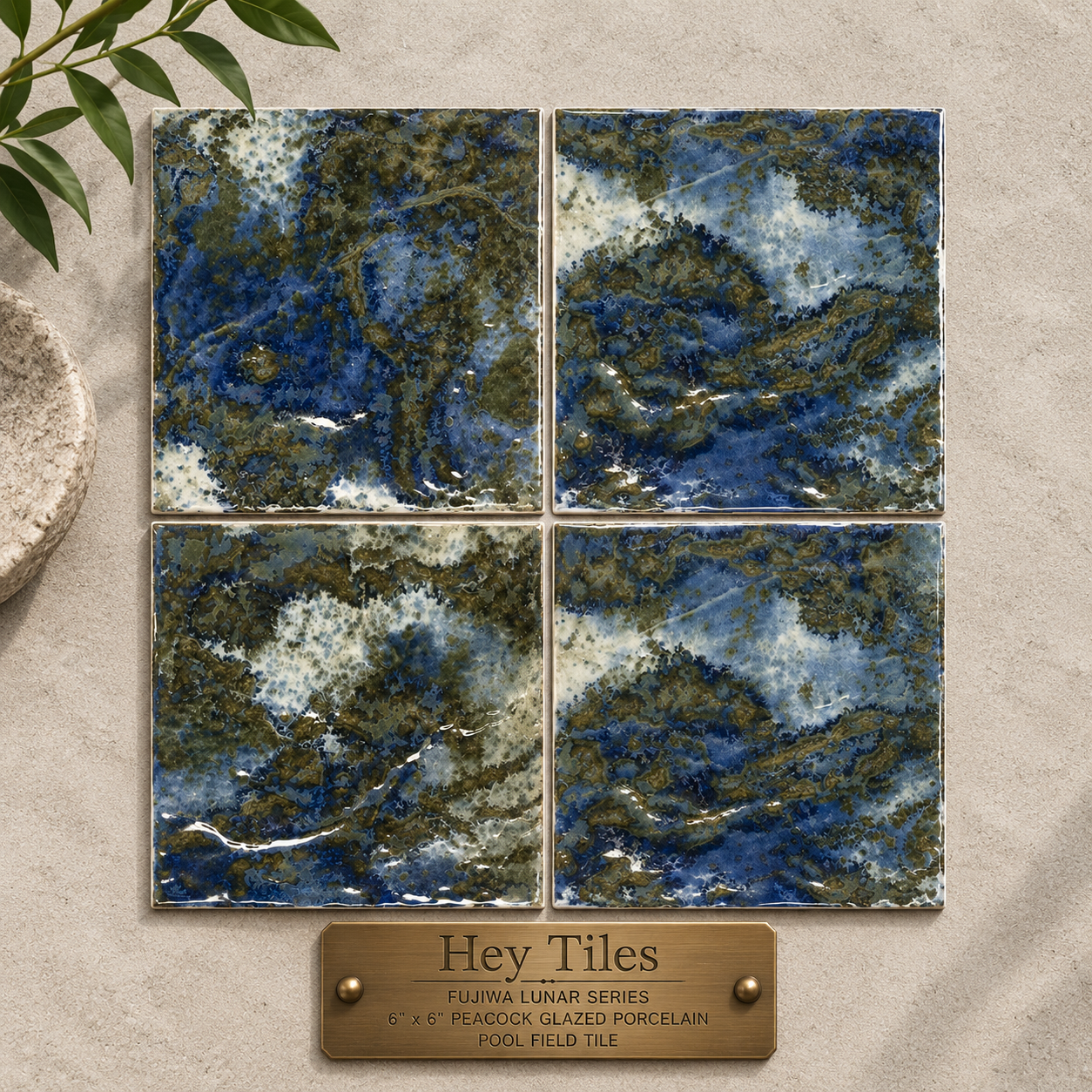 Fujiwa Lunar Series: 6" x 6" Peacock Glazed Porcelain Pool Field Tile
